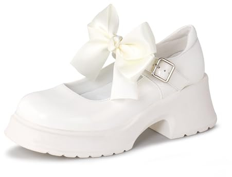 Gemialle Women's Mary Janes Platform Chunky Block Heels Work Wedding Shoes Ankle Strap Gothic Lolita Oxfords Detachable Bow Classic Comfortable Uniform Dress Shoes,White PU 8 M US