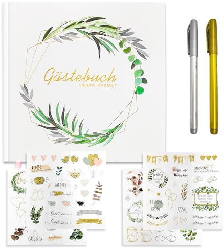 LFBEST Libro de visitas para bodas, libro de visitas de cumpleaños, 100 páginas, álbum de fotos de boda con 4 pegatinas, libro de visitas y 2 lápices metálicos, decoración de boda, libro de visitas de