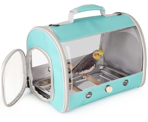 Bird Carrier, Portable Small Bird Parrot Parakeet Carrier with Standing Perch and Stainless Steel Tray, Side Access Window Collapsible (Green, Cylinder Design - Clear)