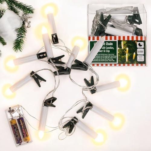 MIJOMA LED Lichterkette mit 10 Kerzen und Clips, 3m Länge, Batterie betrieben, 6/18 Timer – Flexibel und Ideal für Weihnachtsdeko