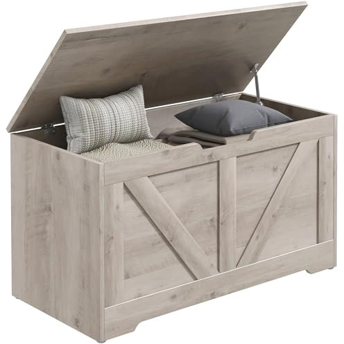 HOMCOM 100L Storage Chest, Storage Trunk with 2 Safety Hinges and U-shaped Cut-out Pull, Organiser Box for Living Room, Entryway, 80 x 40 x 45 cm, Grey Wood-Effect