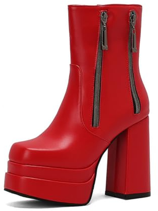 smlekwc Bottes Courtes en Cuir À Bout Rond pour Femmes Bottines À Plateforme À Talon Bloc Bottes Robe Rétro À Talons Hauts avec Fermeture Éclair Latérale,Rouge,36 EU