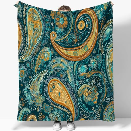 Manta 220 x 240 cm Tradicional Cachemir Cian Naranja, Mantas De Franela Lana Ligeras Y Cómodo, Manta con Estampado Cálido Y Esponjoso para Sofá Cama Viajes