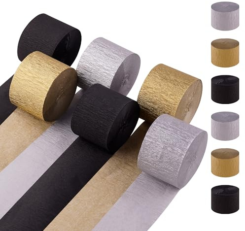 Oun Nana Crepe Paper Streamers Party Decorations, 2.2 x 123 Ft, 6 Rolls Gold Black and Silver Streamers for Birthday Baby Shower Bachelorette Wedding Graduation Anniversary New Years Decorations