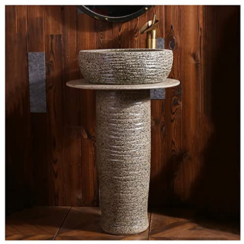 GLJTUO Pedestal Sink Handcrafted Ceramic wash Basin Pedestal washbasin, Kaolin Clay Pedestal Sink Round Freestanding Sink for Indoor and Outdoor (N With mirror)