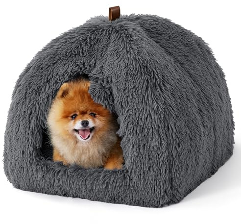 Bedsure Cat Cave Bed Igloo - Fluffy Cat Bed House with Removable Washable Cushion Pillow Foldable Portable Pet Bed, 44x44x44cm，Dark Grey