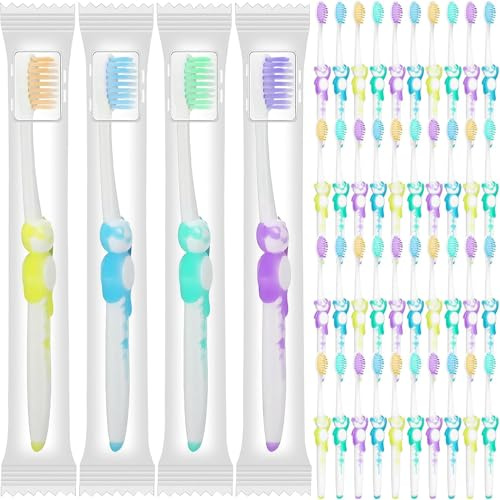 100Pcs Kids Toothbrushes Bulk, Disposable Manual Toothbrushes Individually Wrapped Soft Children Tooth Brushes with Rubber Handle for School Travel Home(4 Colors)