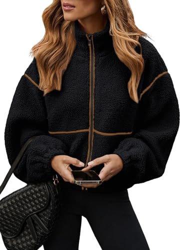 Dokotoo Women's Coat Casual Lapel Collar Fleece Fuzzy Faux Fleece Zipper Coats Warm Winter Long Sleeve Stand Collar Sherpa Crop Outwear Jackets with Pockets Black Small