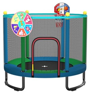 Maxbinton Trampolín Infantil de 150 cm para Interior y Exterior: con Red de Seguridad, aro de Baloncesto y Accesorios de Juego Regalo de cumpleaños y Navidad para niños y niñas