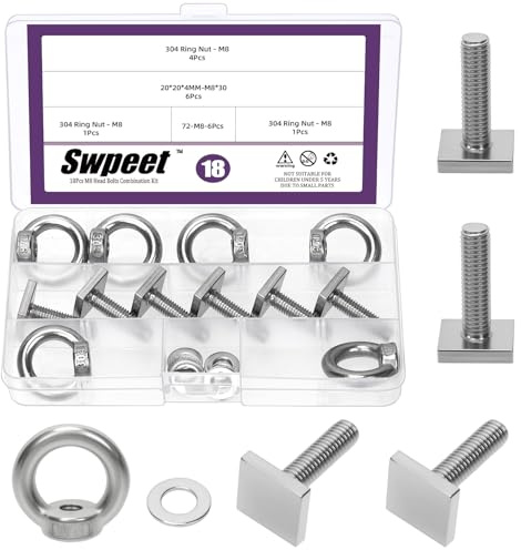 Swpeet 6 uppsättningar 304 rostfritt stål M8 T Track Mount Tie Down Anchor Bolts Kit, M8 × 30mm T Slot Bolts med Eye Bolt, Tvättmaskin, Heavy Duty T-slot Eye Bolts för Takrack, Förankringsrep, remmar