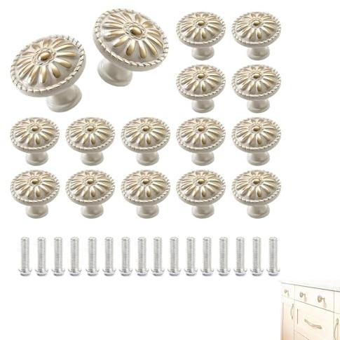 Sylkeov 16 Piezas de Pomos y Tiradores Vintage Blancos de 30 mm para Cajones y Armarios, Aleación de Aluminio con Diseño Floral, Tiradores para Muebles, Tocadores y Armarios