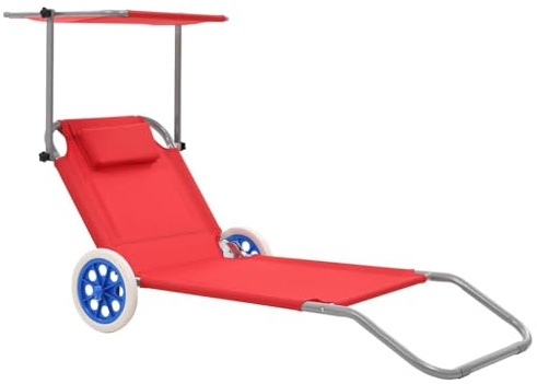 Kaloriko Chaise Longue Pliable en Acier avec auvent réglable et Roues pour Bain de Soleil, Dossier inclinable, Fauteuil Relax Rouge idéal Jardin terrasse Piscine Plage Camping détente Confort