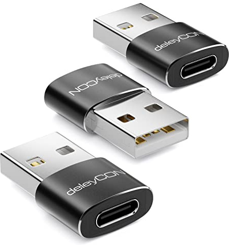 deleyCON USB C-Adapter (3 Stycken) USB-C-Uttag till USB-A-Kontakt - för Laddningskabel Datakabel Laddare - för iPhone 16 15, IPad, Airpods, Watch, Galaxy S25/S24/S23, PC, Surfplatta, Notebook - Svart
