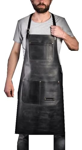 Leder Grill Bbq Arbeitsschürze Küchenschürze für Köche, Barkeeper Barista Schürze, Chef Geschenk, Verstellbar S bis 4XL für Männer und Frauen, Schwarz , One size