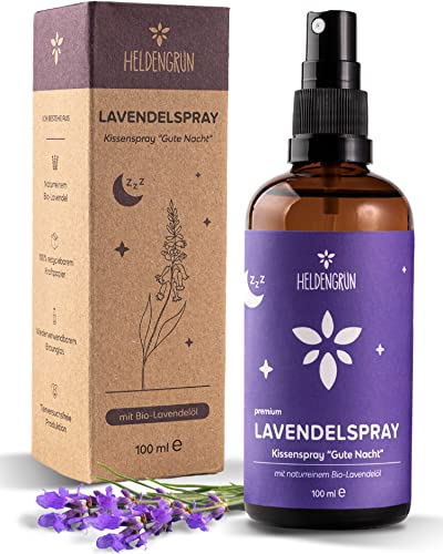 Heldengrün® Lavendelspray Gute Nacht [Bio-LAVENDELÖL] Dermatologisch getestet - Lavendelspray für Kopfkissen - Blumig & frisch - Lavendel Kissenspray & Raumspray