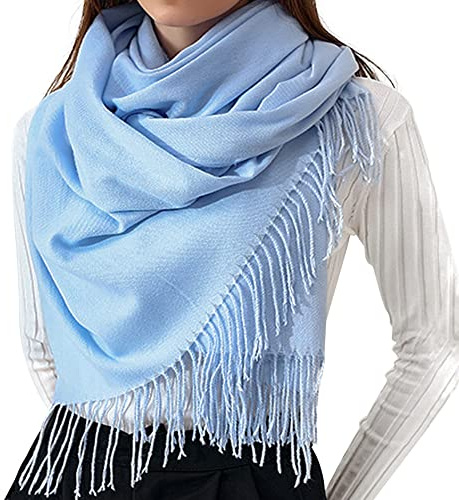 Donna Sciarpa Intrecciata Sciarpa in Imitazione Cashmere Scialle Grande Shawl Largo con Frange Sciarpa Elegante da Donna Caldo Moda per l'autunno Inverno Simple Basic 70×180cm - Baby Blue Tinta Unita