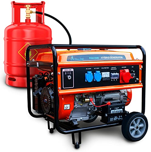 Extralink Stromerzeuger 5500W Benzin/GAS | Notstromaggregat mit 188F-Motor, reinem Sinus, 2× 230 V & 1× 400 V CEE, Elektrostart & Überlastschutz | mobil & leise für Haus, Garten, Werkstatt & Camping