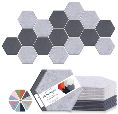 Mollywell Hexagon Acoustic Panels 14x12 - Reduce Echo & Reverb, Noise Blocking Wall Tiles for Studio & Home Office, Moon & Silver Gray Sound Absorbing Panels