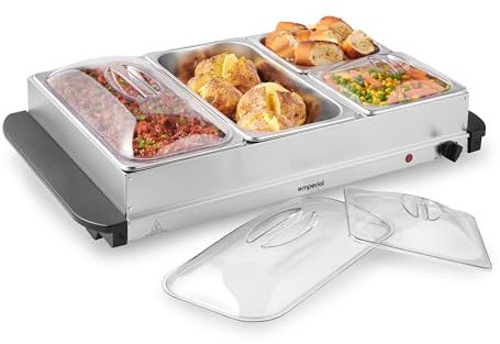 Emperial Food Warmer 4 Tray Buffet Server - 2 x 2.5L and 2 x 1L Pans with Lids, Plate Warming, Temp Control, Chafing Dish, Hostess Trolley Food Warmer & Cool Touch Handles