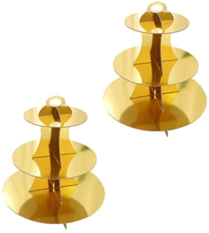2 Pack 3 Tier Cardboard Cake Stand, Three Tiered Paper Afternoon Tea Stands color Disposable Cupcake Holder Round Dessert Stands for Party Wedding Birthday Baby Shower Anniversary (Paper Gold)
