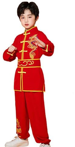 YEMYIQZ Kung Fu Uniform for Boys Girls Kids Traditional Chinese Embroidered Tai Chi Wing Chun Master Martial Arts Set Outfit (Red, L)