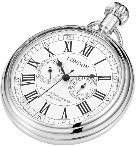 Tiong Stainless Steel Men's London Mechanical Pocket Watch Silver Copper Mechanical Pocket Watches Gift for Men with Chain