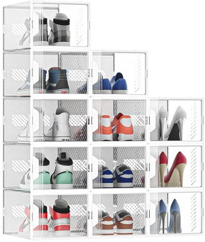 MYHMCT Schuhboxen, 12er Pack Schuhboxen Stapelbar, Schuhorganizer Schuhaufbewahrung, Schuhbox mit Magnettür, Schuhkarton mit Deckel für Schuhe bis Größe 44, Transparent-weiß