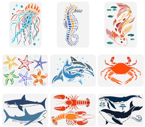 FINGERINSPIRE 9 pcs Aquatic Creatures Painting Stencil 21x29.7cm Seahorse Jellyfish Koi Dolphin Crab Starfish Lobster Shark Whales Drawing Template for Painting on Wood Wall Fabric Furniture