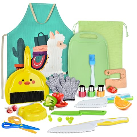 JONRRYIN Coltelli per Bambini, 18 Pezzi Set di Montessori Coltello, con Coltelli in Legno, Taglieri, Scopa da Tavolo, Coltello Giocattolo Set per Cucinare Frutta o Verdura per Bambini di 3 4 5 6 Anni