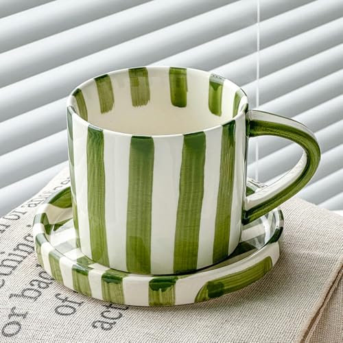 TOXVEK Tasse À Café Et Soucoupe Rétro Nordique, Tasse À Rayures Simple Peinte À La Main, Tasse De Haute Qualité, Tasse À Thé Au Lait De L'Après-Midi
