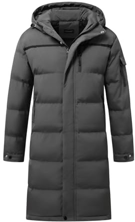 Allthemen Dunjacka Herr Lång Quiltad Vinterjacka Med Huva Varm Parkas Stor Vindrock, Grå, XL