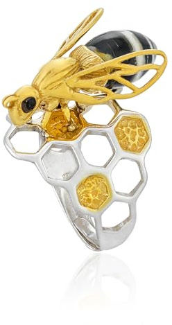 AMBEDORA Damring gyllene honungsbi med bärnsten, sterlingsilver glans, guldpläterad, färgglad baltisk bärnsten, justerbar storlek 16–22 mm, Ädelmetall, Bärnsten