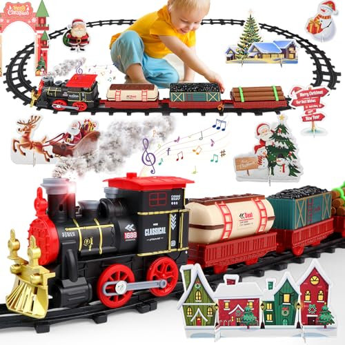 Weihnachts Eisenbahn Zugset, GTHBA Elektrische Dampfzug Kinder mit Scheinwerfer, Rauch, realistischen Klängen, Batteriebetrieben Dampfzug, Weihnachten Geschenk