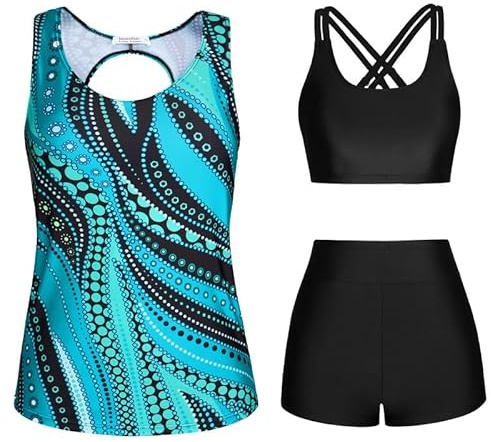 JASAMBAC 3-delad tankini för kvinnor, mage, push-up bikiniöverdel och badshorts med hög midja, enkla badkläder, sportbaddräkt, badmode för pool, strand, Blå och grön randig etnisk blomma, S