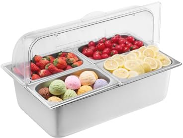VEVOR Countertop Food Serving Display Container, 4 Pan Stainless Steel Food Serving Tray, Buffet Condiment Dispenser Display Rack with Clear Lid & 3 Freezer Boxes, for Restaurant Hotel Kitchen Party