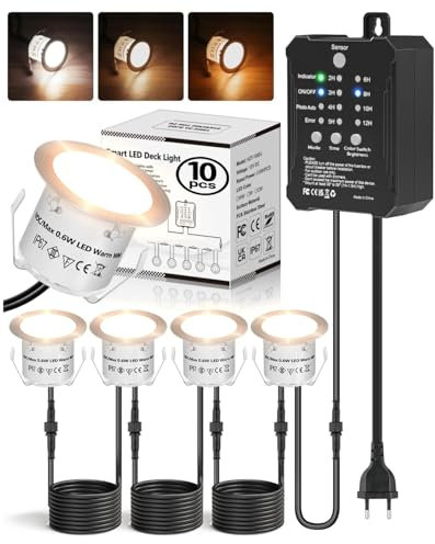HIBOITEC Lighting 10Pack 3 Colors LED Decking Lights with Timer and Photocell Sensor, Dimmable Low Voltage Outdoor Decking Lights, IP67 Waterproof Deck Lighting Mains Powered for Garden Terrace Path