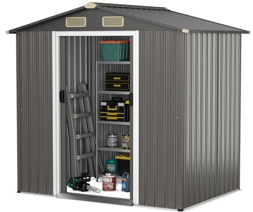 HOMASIS Casetta da Giardino in Metallo, Capannone per Attrezzi con Tetto a 2 Falde e Fondamenta, Capanno con 4 Finestre e 2 Porte Scorrevoli (Grigio scuro, 196 x 142 x 186 cm, 3,68 m³)