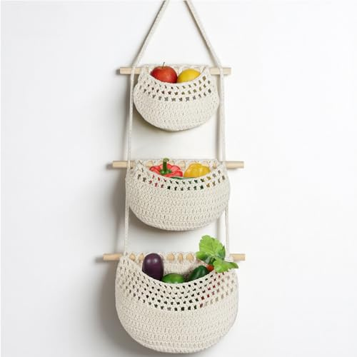 Flintronic 3 ripiani Cesti per Frutta da appendere, Cestini Decorativi Sospesi per Porte a Parete, Cesto Decorativo da Cucina in Stile Bohémien per Appendere Frutta e Verdura