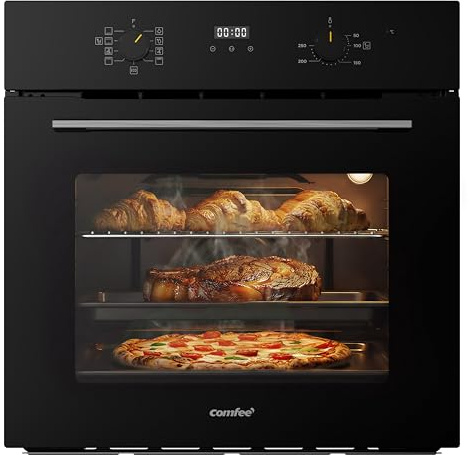 Comfee Four Encastrable Électrique 60 cm, 70 L, 3 kW, chaleur tournante, gril, fonction pizza, nettoyage vapeur AquaClean, afficheur LED avec minuteur, mode ECO, noir
