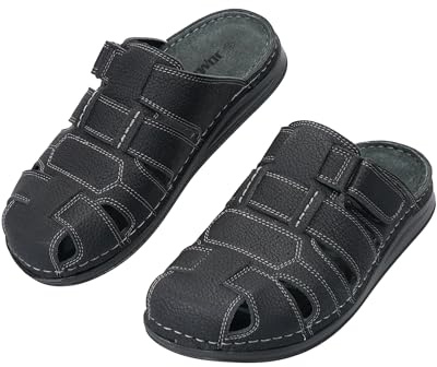 JOMIX Sandales Homme Mules Bout Fermé en Cuir Synthétique avec Bride Ajustable Chaussures d'été Respirantes à Talon Plat pour Plage Jardin et Quotidien
