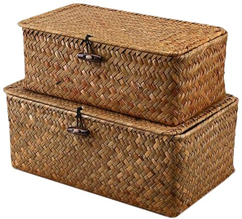 Cestino portaoggetti da 2 pezzi con coperchio 10x6x4 e 9x5x3 pollici Cestini portaoggetti in alghe marine fissati con filo Cestino intrecciato con serratura in legno per riporre cestini decorativi