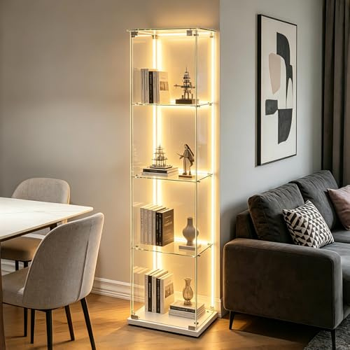 Vetrina in vetro moderno, vetrina in vetro da collezione, bianca, vetrina angolare sottile, vetrina in vetro con LED, con serratura (bianco, 1 anta a 4 ripiani)