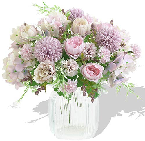 Artificial Flowers, 2 Pcs Fake Peony Silk Light Purple Hydrangea Bouquet Decor Plastic Carnations Daisy Realistic Flower Arrangements Wedding Decoration Table Centerpieces,for Home Office Party Decor