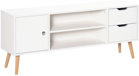 HOMCOM TV Stand for TVs up to 50, TV Console Cabinet with Open Storage Shelf and Drawers for Living Room, Entertainment Room and Bedroom, White