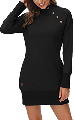 DOTIN Femme Sweat à Capuche Longue Pull Femme à Col Roulé Longue Robe Pull Chic, Noir, L