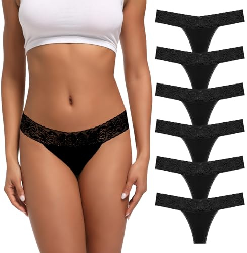 Deigecil Womens Thongs, T Back Soft Comfortable Black Knickers Lace Cotton Thong For Women Pack Of 6 Assorted Lace Pattern