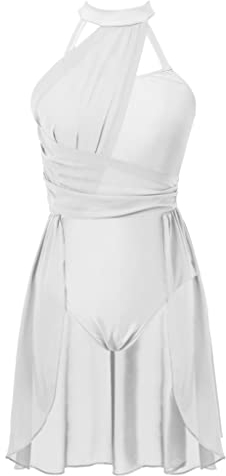 Jowowha Damen Ballettkleid Neckholder Eiskunstlauf Kleid Ballettanzug mit Asymmetrisch Rock Ballett Trikot Tanzbody Modern Lyrisch Tanzkleid Weiß M