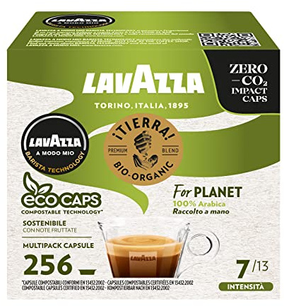 Lavazza A Modo Mio Tierra for Planet, 256 Capsule Compostabili Caffè, per un Espresso con Note Fruttate, 100% Arabica, Intensità 7/13, Tostatura Media, 16 Confezioni x 16 Capsule