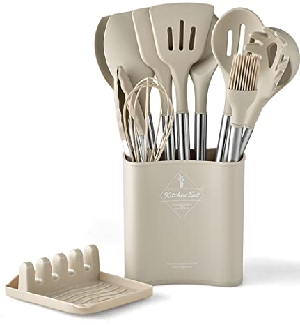 FlyHigh Utensili da cucina di alta qualità, 13 pezzi, 100% senza BPA, silicone resistente al calore, rivestimento antiaderente, manici in silicone e supporto in acciaio inox, set di spatole di alta