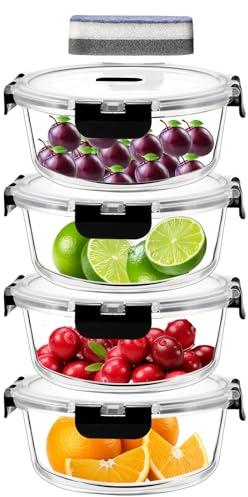 IUGHN 1300ml Large Glass Food Containers With Lids, Set of 4, Round Meal Prep Containers Glass, for Chefs to Store Food Kitchen Containers With Lids for Storage